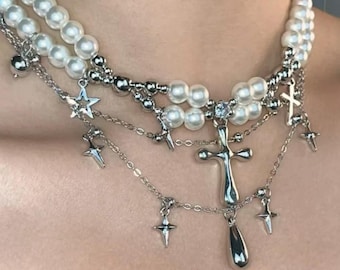 Gothic Pearl Layered Choker with Cross & Star Charms