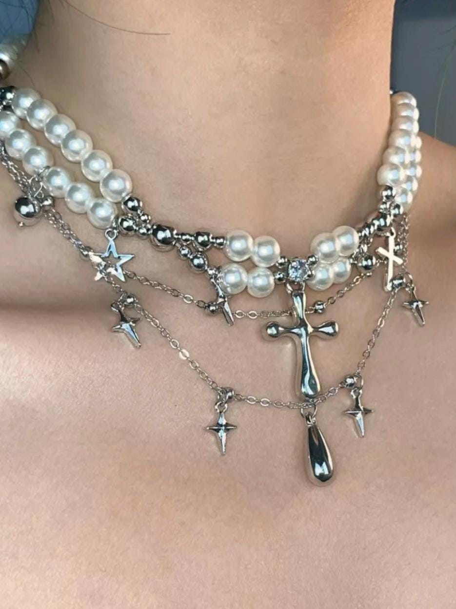 Collana Girocollo Con Croce E Perline: Elegante E Regolabile Per Donna, Lunghezza 40+5 Cm