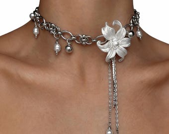 Romantic Flower Choker Necklace – Handmade Orchid Statement Jewelry, Fairycore Y2K Aesthetic