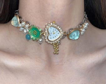 Aurora Teal Baroque Vintage Style Charm Choker, Heart Watch Necklace, Handmade Cute Statement Jewelry