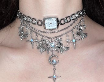 Handmade Y2K Watch Choker Necklace – Fairy Grunge Moon & Star Charm Choker, Layered Silver Chain Gothic Choker, Statement Alt Jewelry