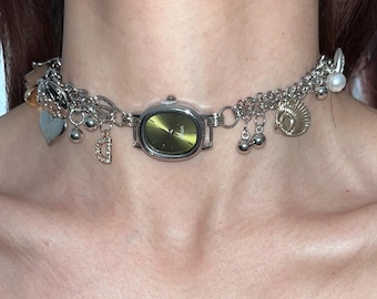 Green Oasis time choker watch remake necklace punk fairy core