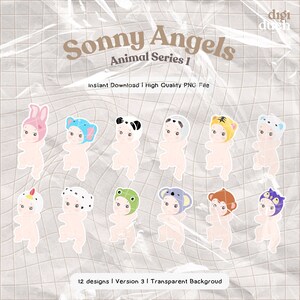 May include: Twelve digital illustrations of cute babies wearing animal hats. The hats include a bunny, elephant, panda, koala, tiger, frog, rooster, cow, monkey, cat, and a bird. The illustrations are in a cartoon style and have a white background.