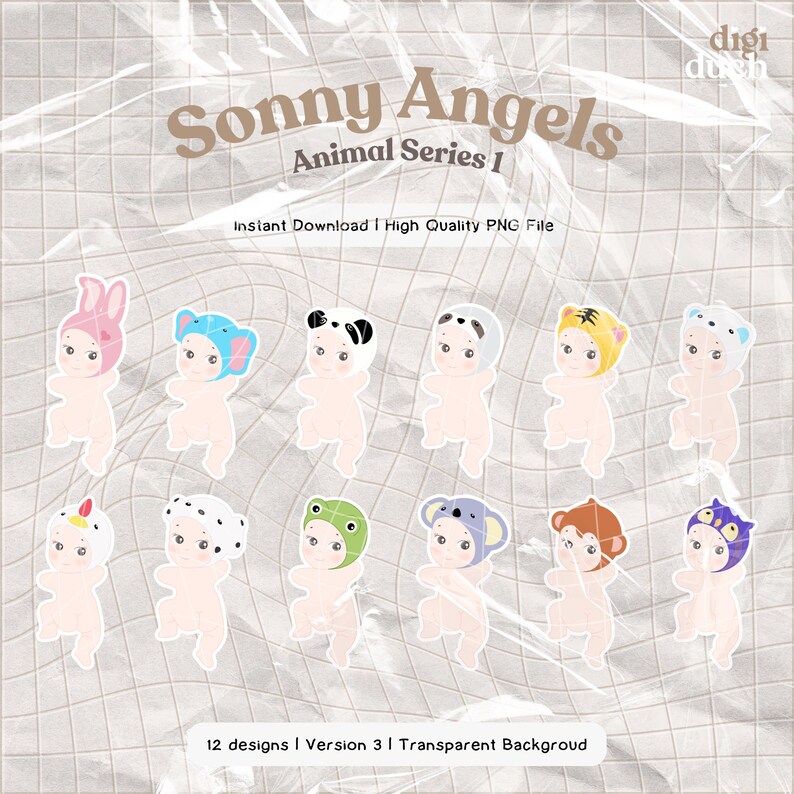 May include: Twelve digital illustrations of cute babies wearing animal hats. The hats include a bunny, elephant, panda, koala, tiger, frog, rooster, cow, monkey, cat, and a bird. The illustrations are in a cartoon style and have a white background.