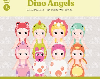 23 Dino Angels PNG Bundle, Trendy Doll PNG, Baby Dinosaur Nursery Clipart, Print-and-Cut, Digital Download