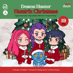 Clipart di Huntrix di Natale KPOP, PNG Kawaii Chibi, stampa e ritaglia, clipart natalizie, download digitale