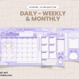Kawaii Lila NOMMI Planner Bundle: Daglig, Veckovis, Månadsvis (Utskrivbar PNG, Direktnedladdning)