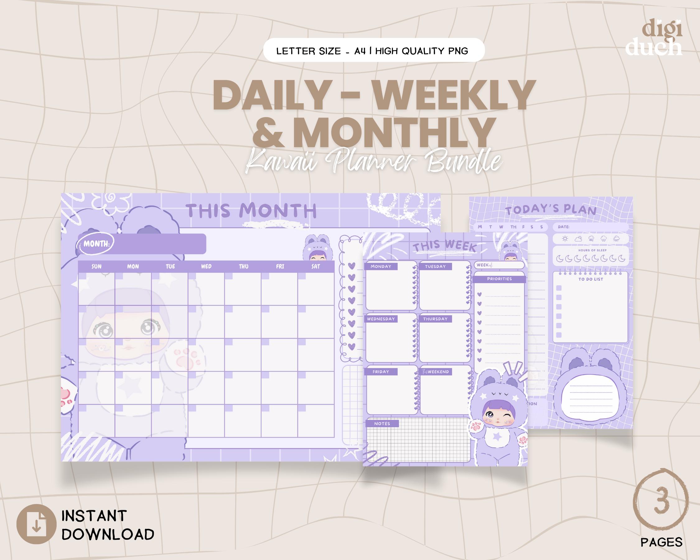 Kawaii NOMMI Purple Daily Planner, Weekly Planner, Monthly Planner, Printable Planner Pages, Printable PNG Planner, Instant Download