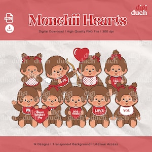 以下が含まれることがあります： 複数のMonchii Heartsのキャラクターが登場するデジタルダウンロードグラフィック。キャラクターは茶色で、赤いリボンとよだれかけをしており、ハートと弓を持っています。「Monchii Hearts」、「Happy Valentine's Day」、「Love」などのテキストが含まれています。