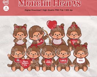 Monchii Valentine PNG Bundle, Cute Baby Monkey Clipart, Trendy Doll Sublimation Design, Print-and-Cut, Commercial Use, Digital Download