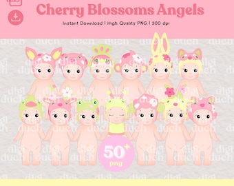 Cherry Blossom Angels PNG Bundle, Trendy Dolls Png, Kawaii Spring Floral Angels, Print-and-Cut, Digital Download, Commercial Use