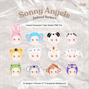 May include: Twelve digital illustrations of a baby wearing different animal hats. The hats include a bunny, elephant, panda, sloth, tiger, polar bear, chicken, dog, frog, koala, monkey, and owl. The illustrations are on a white background with a crumpled paper texture.