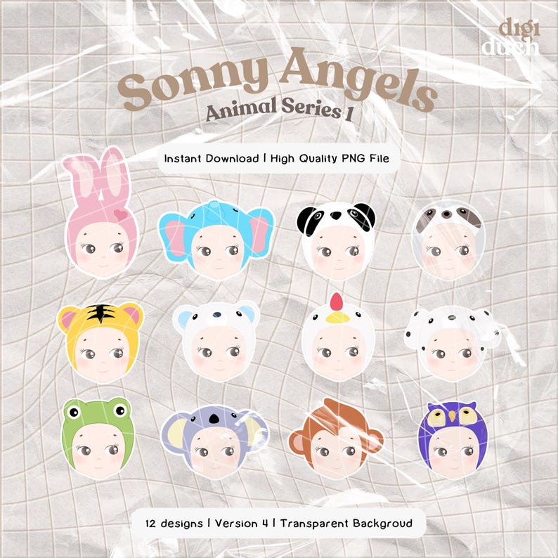 May include: Twelve digital illustrations of a baby wearing different animal hats. The hats include a bunny, elephant, panda, sloth, tiger, polar bear, chicken, dog, frog, koala, monkey, and owl. The illustrations are on a white background with a crumpled paper texture.