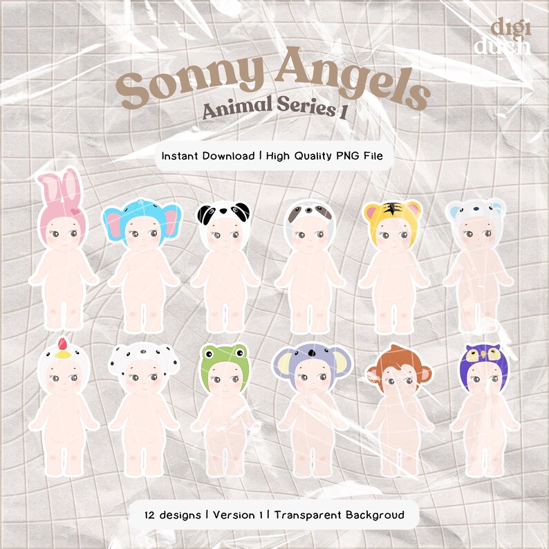 May include: Twelve digital illustrations of cute baby dolls wearing animal hats. The dolls are all wearing white shirts and have pink cheeks. The hats are various colors and feature animals such as a bunny, panda, tiger, and koala. The text "Sonny Angels Animal Series 1" is at the top of the image.