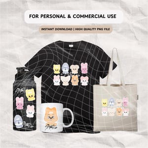 May include: A set of digital designs featuring cartoon characters with a Stray Kids logo. The designs include a black t-shirt, a tote bag, a water bottle, and a mug. The characters are all different colors and have different expressions.