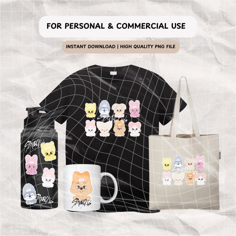 May include: A set of digital designs featuring cartoon characters with a Stray Kids logo. The designs include a black t-shirt, a tote bag, a water bottle, and a mug. The characters are all different colors and have different expressions.