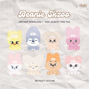 May include: Eight cartoon animal characters wearing beanies with the word "Skzoo" on them. The animals are a chick, a husky, a bunny, a bear, a cat, a koala, a rabbit, and a pig. The characters are all sitting down and have different expressions on their faces. The background is a light pink with a white texture.