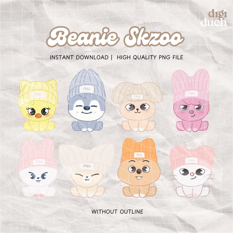 May include: Eight cartoon animal characters wearing beanies with the word "Skzoo" on them. The animals are a chick, a husky, a bunny, a bear, a cat, a koala, a rabbit, and a pig. The characters are all sitting down and have different expressions on their faces. The background is a light pink with a white texture.