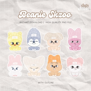 May include: Set of eight cartoon animal stickers wearing beanies. The animals are a chick, a wolf, a bunny, a fox, a cat, a dog, a pig, and a bear. Each animal is wearing a different colored beanie with a white outline. The stickers are perfect for adding a touch of whimsy to your planner, laptop, or water bottle.