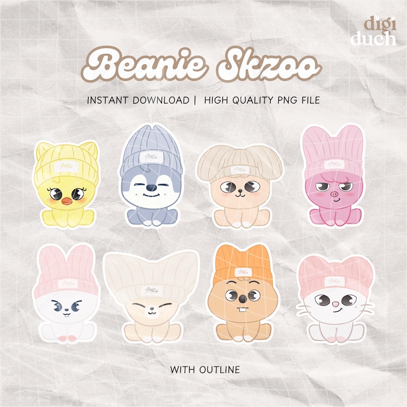 May include: Set of eight cartoon animal stickers wearing beanies. The animals are a chick, a wolf, a bunny, a fox, a cat, a dog, a pig, and a bear. Each animal is wearing a different colored beanie with a white outline. The stickers are perfect for adding a touch of whimsy to your planner, laptop, or water bottle.