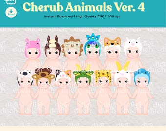 Baby Angels Animal Series PNG Bundle, Kawaii Angel Dolls Clipart, Printable PNG, Print-and-Cut, Sticker Design, Digital Download
