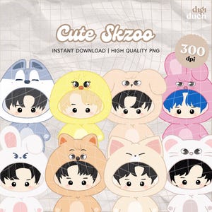 16 Stray Kids SKZOO Cute Chibi Printable Clipart, Skzoo Png Naklejka, Cyfrowe Naklejki PNG, Wydrukuj i Wytnij, Sublimacja, Pobieranie cyfrowe