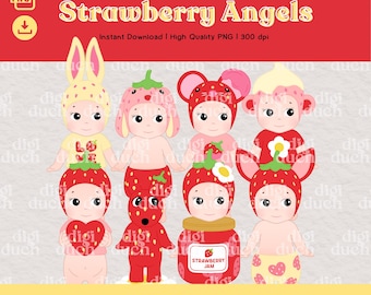Strawberry Love Angels PNG Bundle, Trendy Dolls Png, Valentines Printable Clipart, Print-and-Cut, Digital Download, Commercial Use