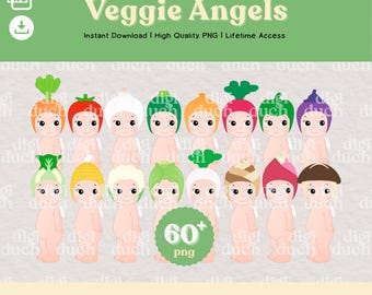 64 Png Kawaii Veggie Angels PNG Bundle, Printable Clipart, Baby Angel Digital Stickers, Print-and-Cut, Instant Download