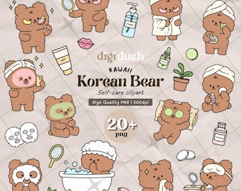Kawaii Korean Bear Self-Care Clipart Bundle, Cute Spa Day Bear PNG, Skincare Bear Stickers, Cozy Bath Clipart, Chibi Bear Digital Download