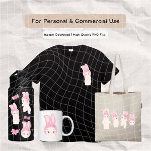 May include: A set of digital clipart featuring a cute pink bunny rabbit with a pink bow. The clipart is available for personal and commercial use. The image shows the clipart on a black t-shirt, a white tote bag, and a white mug.