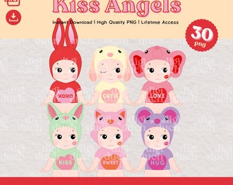 Kawaii Kiss Series Angels PNG, Valentines PNG Printable Clipart, Digital PNG Sticker, Print-and-Cut, Instant Download