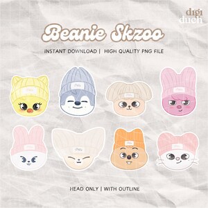 May include: Eight cartoon animal head illustrations with different colored beanies. Each beanie has the word "Skzoo" written on it. The animals are a yellow chick, a blue wolf, a beige fox, a pink pig, a pink bunny, a white fox, a brown squirrel, and a white cat.