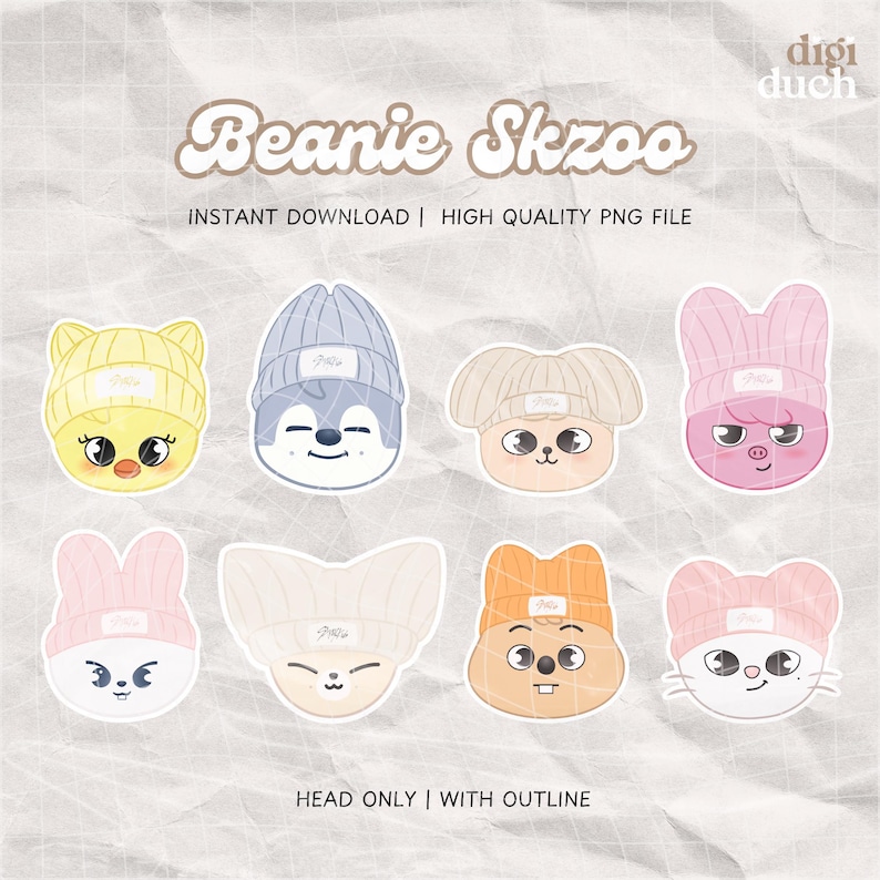 May include: Eight cartoon animal head illustrations with different colored beanies. Each beanie has the word "Skzoo" written on it. The animals are a yellow chick, a blue wolf, a beige fox, a pink pig, a pink bunny, a white fox, a brown squirrel, and a white cat.