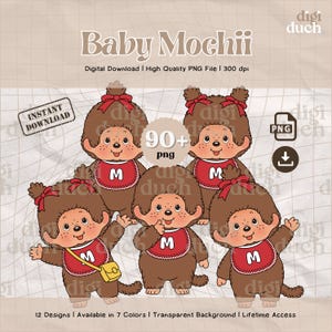 Puede incluir: Descarga digital de gráficos con cinco personajes de dibujos animados con pelaje marrón, baberos rojos con una "M" blanca y lazos rojos. El texto "Baby Mochii" está en la parte superior, con las etiquetas "Instant Download" y "90+ png".