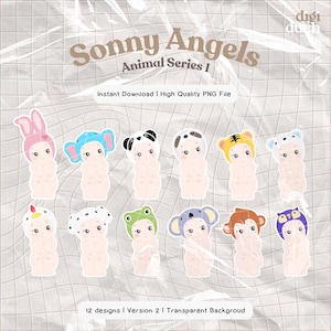 May include: Twelve digital illustrations of cute cartoon babies wearing animal hats. The hats include a bunny, elephant, panda, koala, tiger, polar bear, chicken, dalmatian, frog, monkey, and owl. The illustrations are on a white background with a grid pattern.