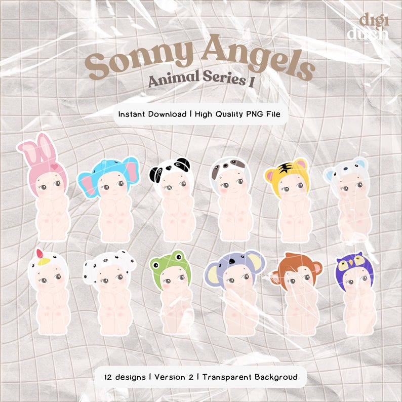 May include: Twelve digital illustrations of cute cartoon babies wearing animal hats. The hats include a bunny, elephant, panda, koala, tiger, polar bear, chicken, dalmatian, frog, monkey, and owl. The illustrations are on a white background with a grid pattern.