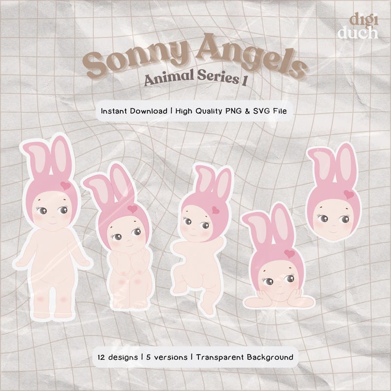 May include: Five digital illustrations of a pink bunny-themed doll with different poses. The doll has a pink bunny hat with a heart on it. The text "Sonny Angels Animal Series 1" is at the top of the image. The text "Instant Download | High Quality PNG & SVG File" is below the title. The text "12 designs | 5 versions | Transparent Background" is at the bottom of the image.