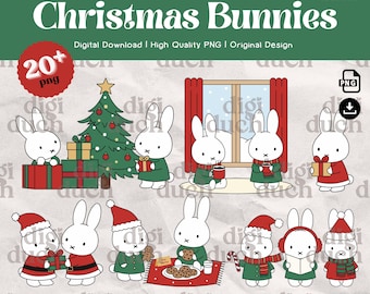 Christmas Bunny PNG Bundle, Kawaii Holiday Clipart, Winter Rabbit, Digital Download, Print-and-Cut, Commercial Use