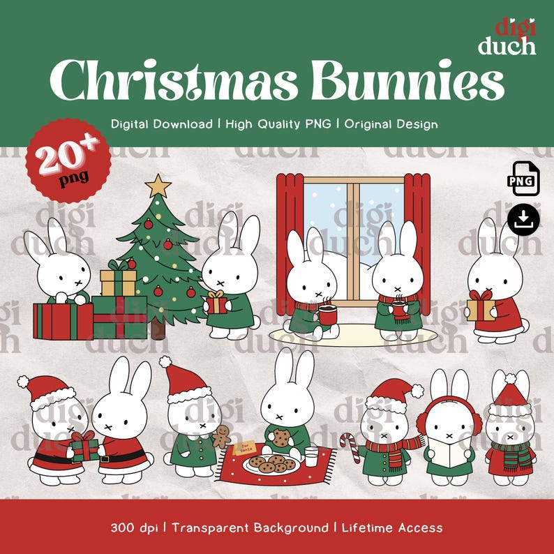 Christmas Bunny PNG Bundle, Kawaii Holiday Clipart, Winter Rabbit ...