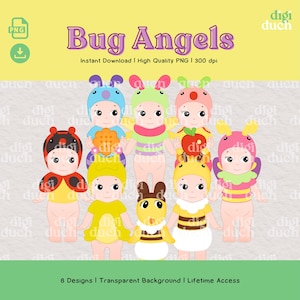 May include: A digital illustration featuring eight baby-like figures dressed as bugs. Each figure wears a different bug-themed costume, including a ladybug, bee, and butterfly. The text "Bug Angels" is displayed above the figures.