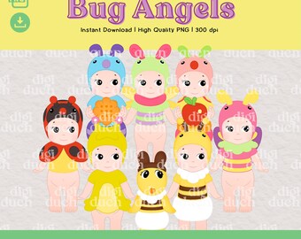 Trendy Angels Bugs World PNG Bundle, Kawaii Printable Clipart, Print-and-Cut, Digital Download, Commercial Use