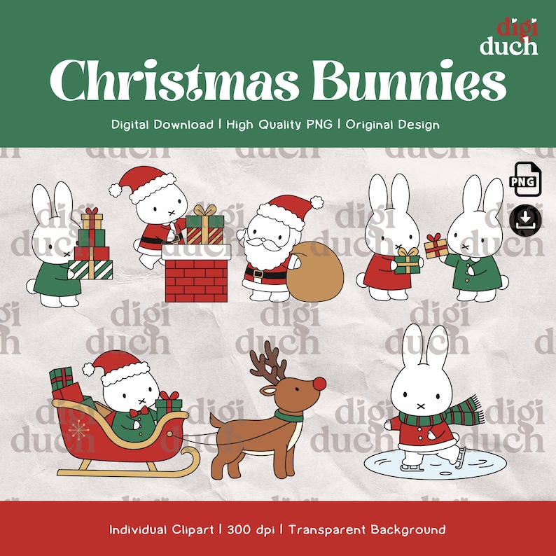 Christmas Bunny PNG Bundle, Kawaii Holiday Clipart, Winter Rabbit ...