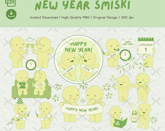 New Year Smiski PNG Bundle, Original Design, Kawaii NYE Graphics, Print-and-Cut, Digital Download
