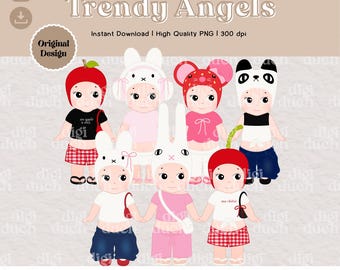 Trendy Angels Clipart PNG, Cute Doll Digital Download, Kawaii Fruit and Animal Outfits, Print-and-Cut, Sublimation Design, Commercial Use