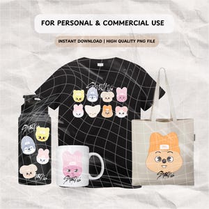 May include: A set of digital designs featuring a black t-shirt, a tote bag, a water bottle, and a mug. Each item features a cartoon illustration of a group of animals with the text "Stray Kids" in a handwritten font.