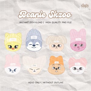 May include: Eight cartoon animal heads wearing beanies with the word "Skzoo" on them. The animals are a yellow chick, a blue wolf, a beige fox, a pink pig, a white rabbit, a brown squirrel, a white cat, and a brown bear.