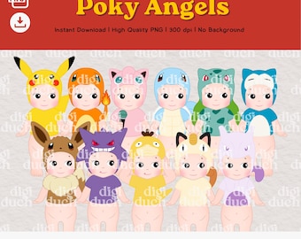 Trendy Poky Angels PNG Bundle, Kawaii Printable Clipart, Print-and-Cut, Digital Download, Commercial Use