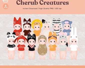 Baby Angels Creatures PNG Bundle, Kawaii Doll Clipart Set, Cute Angel Characters, Printable Sticker Designs, Print-and-Cut, Digital Download