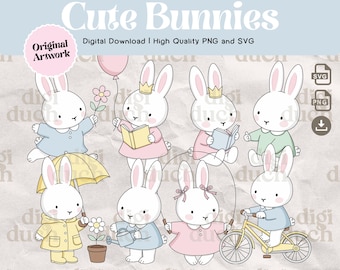 Cute Bunnie PNG, SVG, Bookish Bunny Clipart, Pink Rabbit with Balloon, Kawaii Animal Art, Digital Download, Commercial Use
