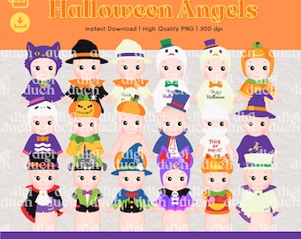 Halloween Angel Clipart Bundle, 18 PNG Files, Print-and-Cut, Digital Download